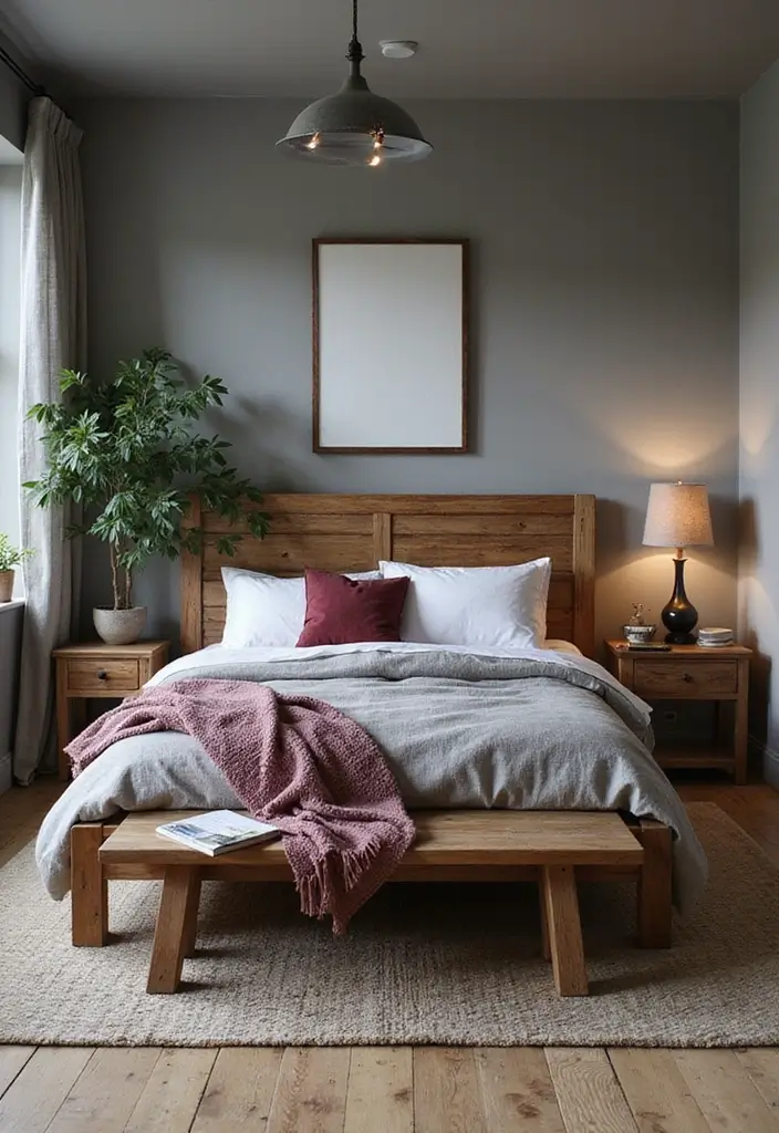 28 Grey and Burgundy Bedroom Ideas That Add Depth and Warmth - 3. Rustic Wooden Accents