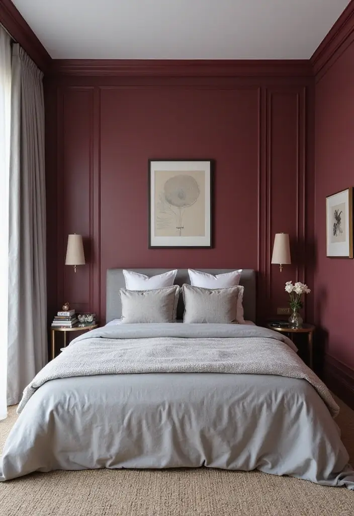 28 Grey and Burgundy Bedroom Ideas That Add Depth and Warmth - 4. Burgundy Feature Wall
