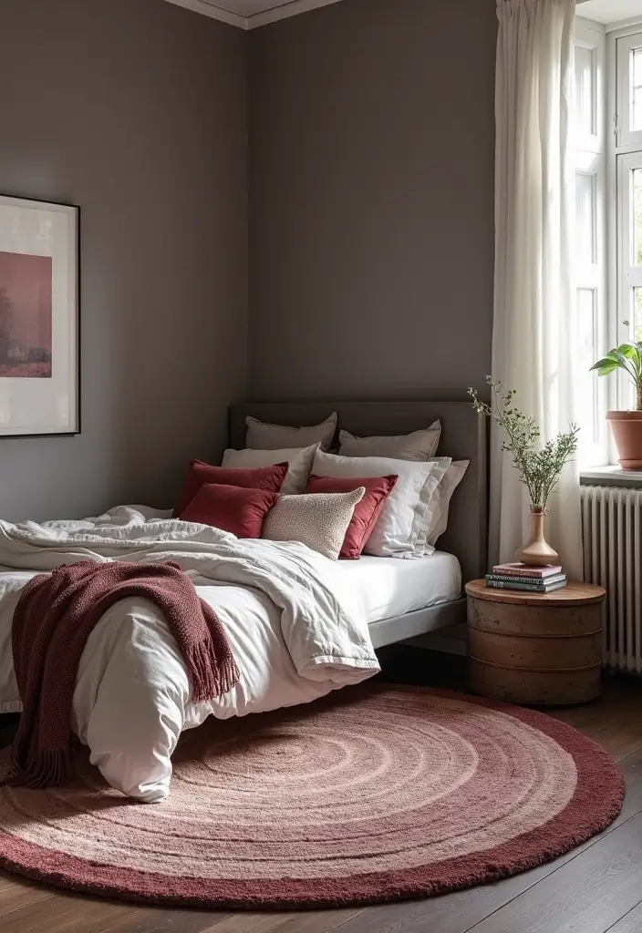 28 Grey and Burgundy Bedroom Ideas That Add Depth and Warmth - 5. Cozy Area Rugs