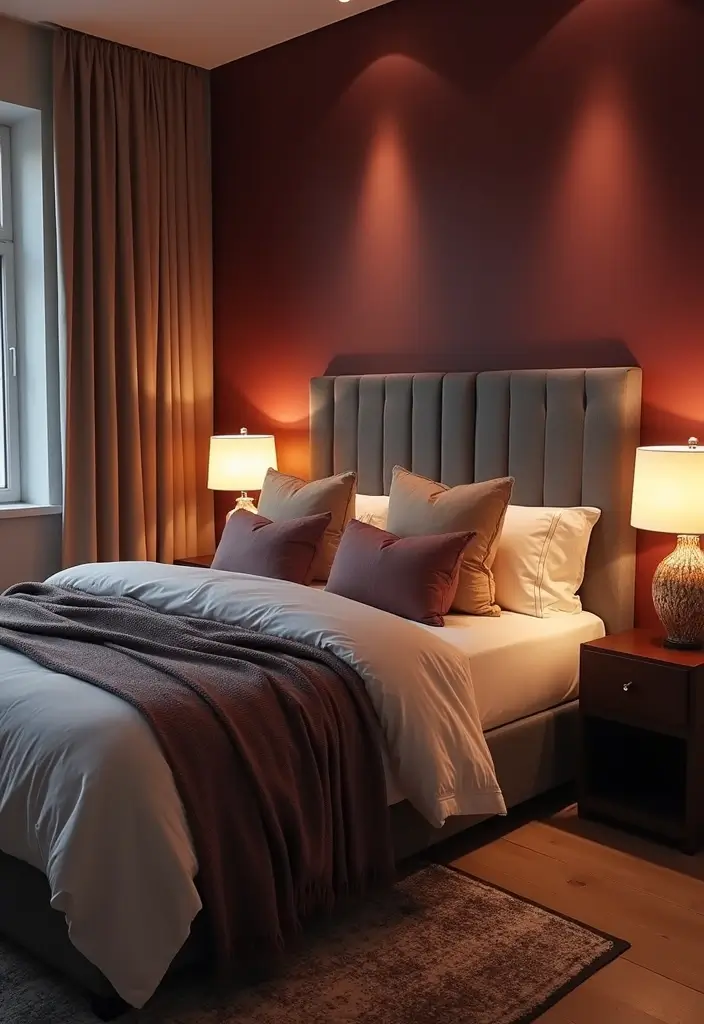 28 Grey and Burgundy Bedroom Ideas That Add Depth and Warmth - 6. Warm Lighting Fixtures