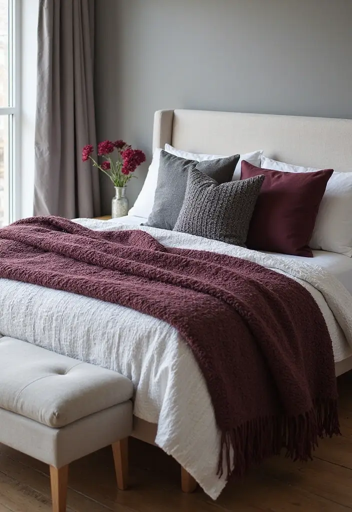 28 Grey and Burgundy Bedroom Ideas That Add Depth and Warmth - 7. Textured Throws and Pillows