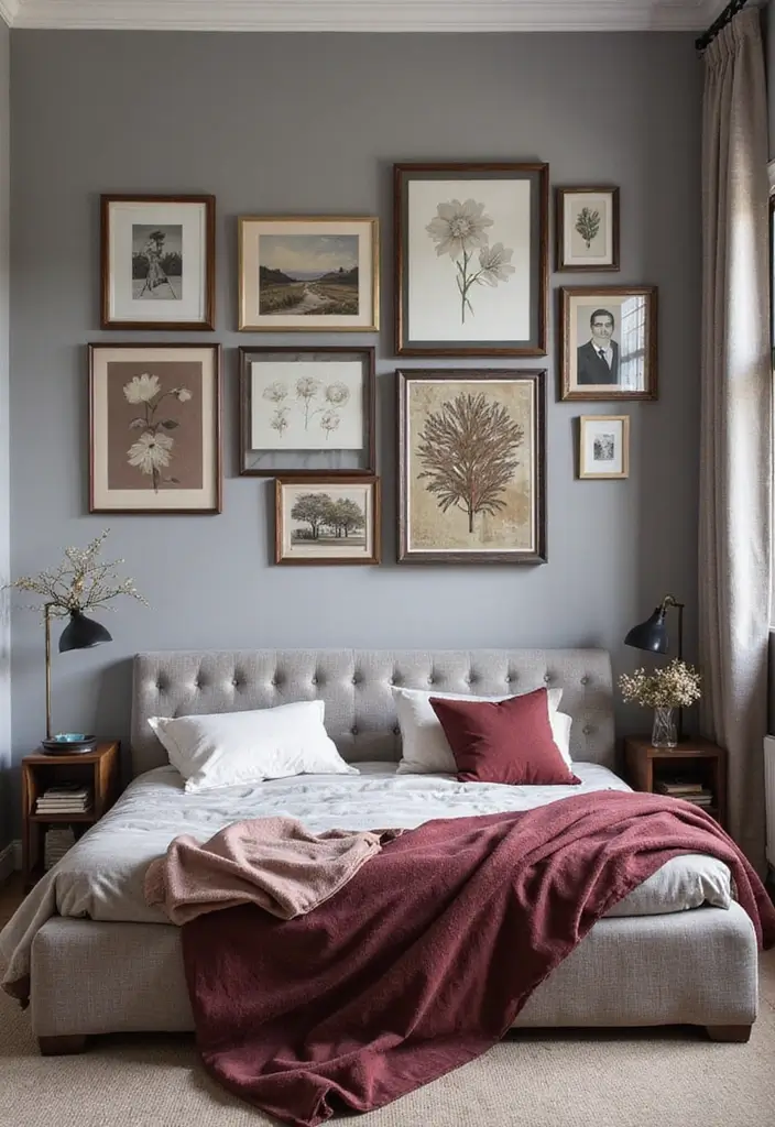 28 Grey and Burgundy Bedroom Ideas That Add Depth and Warmth - 9. Unique Wall Art