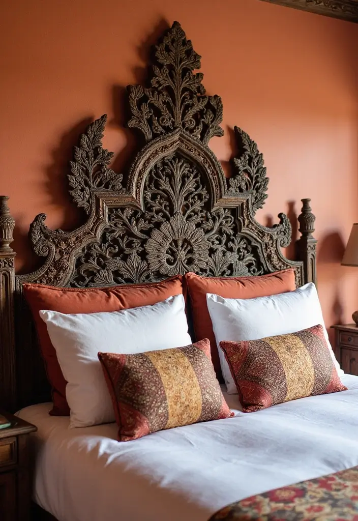 28 Interior Design Bedroom Indian Style That Feels Warm and Cultural - 12. Statement Headboards