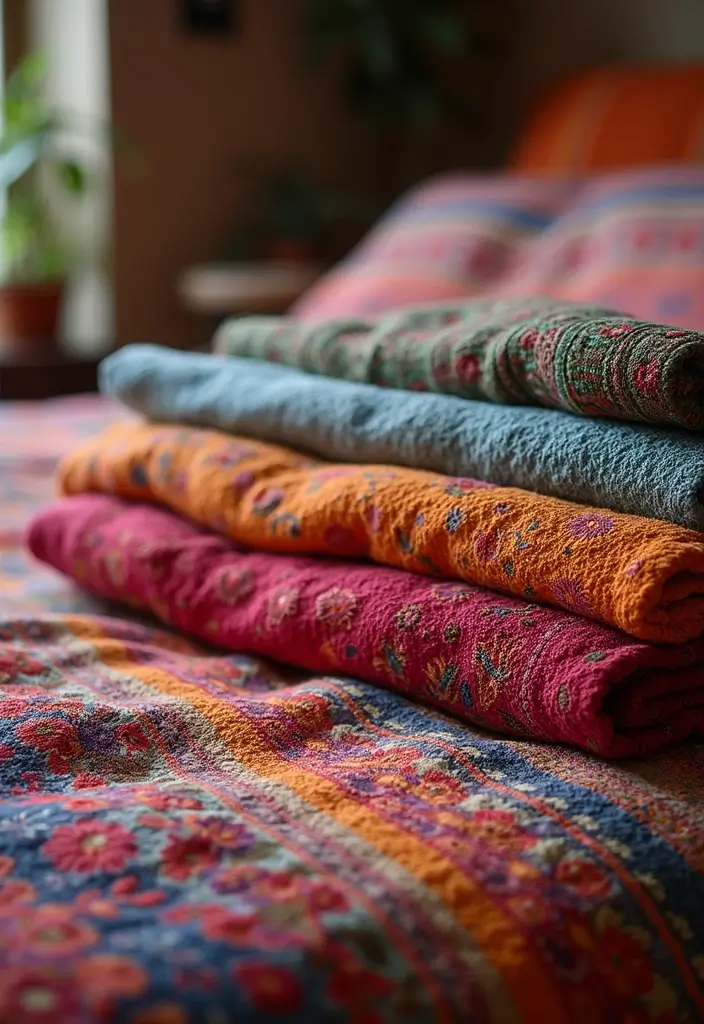 28 Interior Design Bedroom Indian Style That Feels Warm and Cultural - 2. Handmade Textiles
