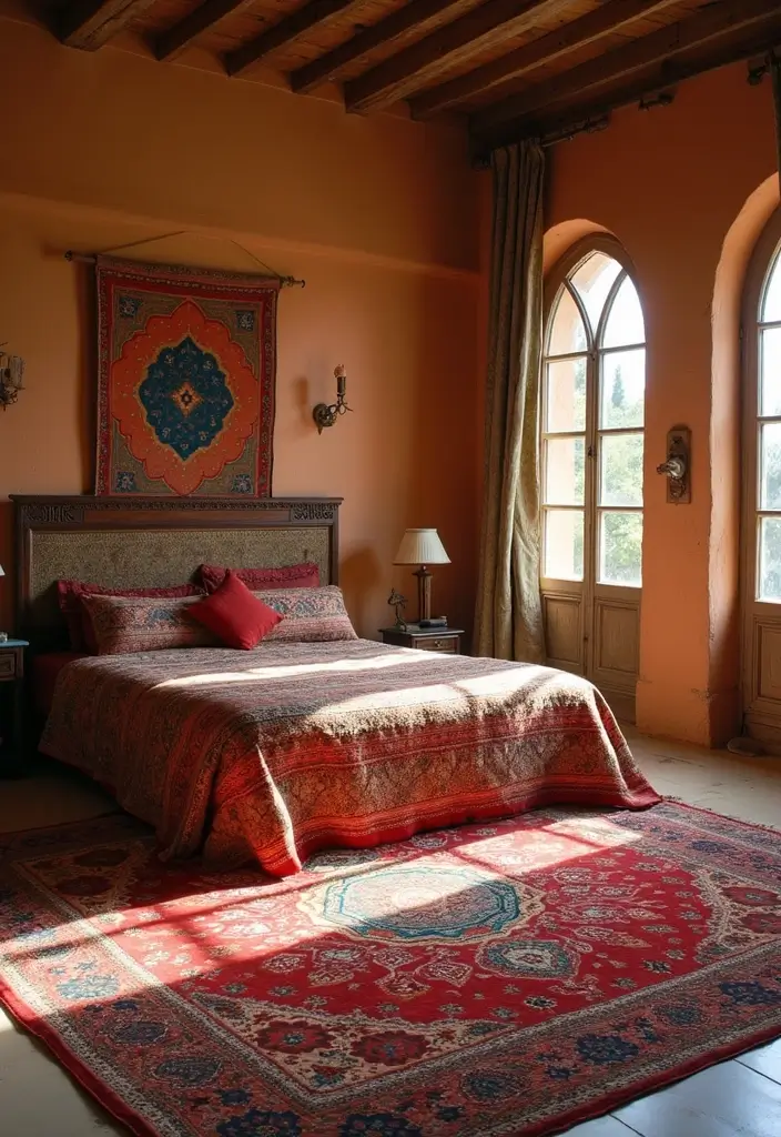 28 Interior Design Bedroom Indian Style That Feels Warm and Cultural - 4. Ethnic Rugs