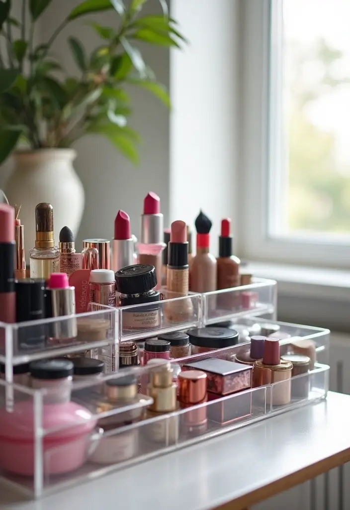 28 Makeup Corner in Bedroom Small Spaces Ideas That Feel Chic and Compact - 10. Clear Acrylic Organizers