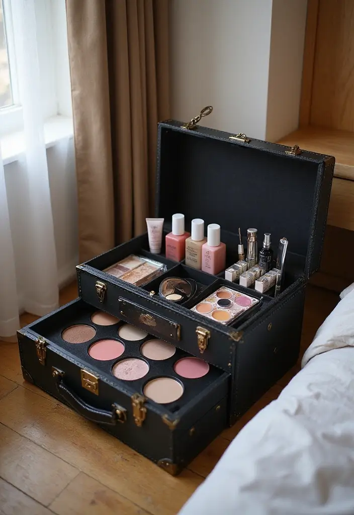 28 Makeup Corner in Bedroom Small Spaces Ideas That Feel Chic and Compact - 11. Makeup Train Case