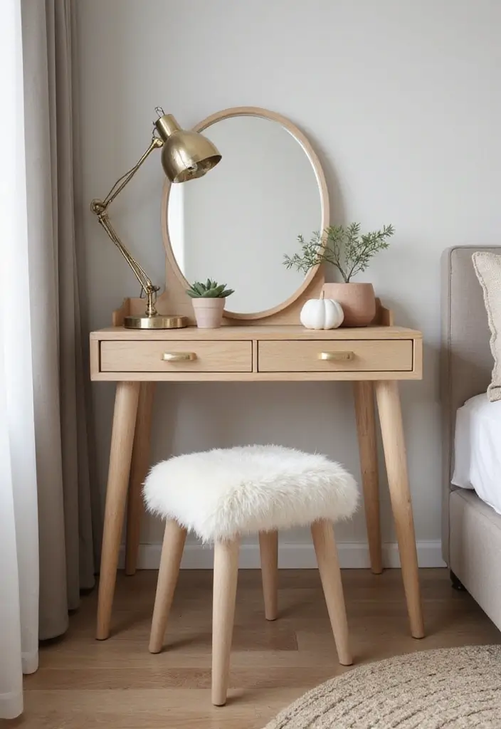 28 Makeup Corner in Bedroom Small Spaces Ideas That Feel Chic and Compact - 15. Stylish Stool