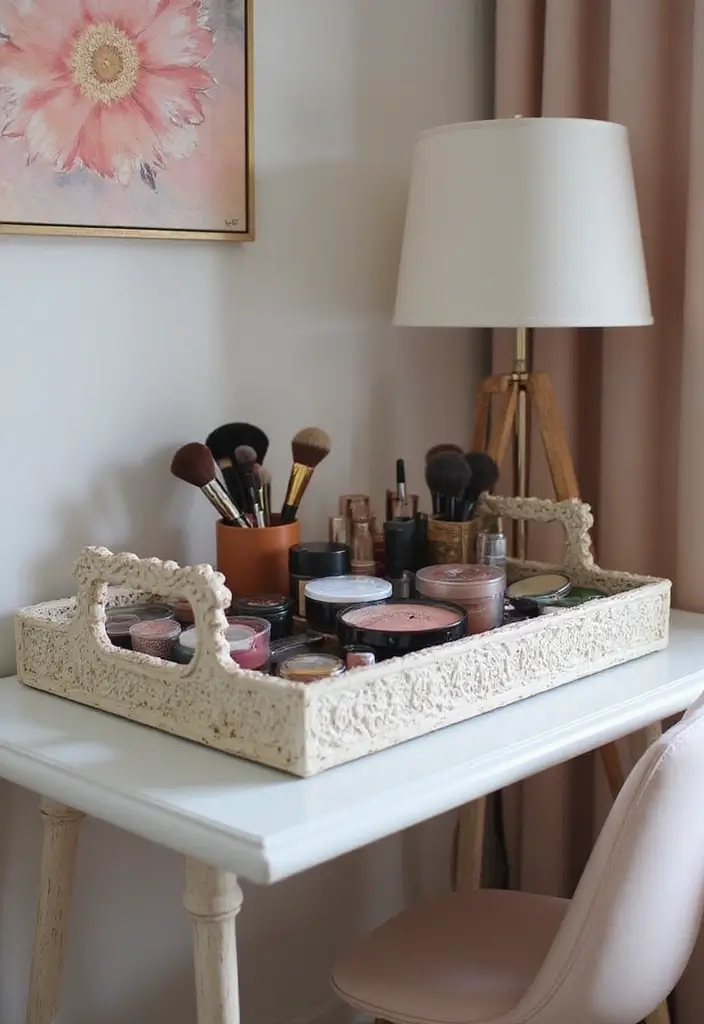 28 Makeup Corner in Bedroom Small Spaces Ideas That Feel Chic and Compact - 16. Decorative Trays