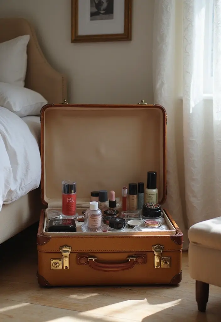 28 Makeup Corner in Bedroom Small Spaces Ideas That Feel Chic and Compact - 19. Vintage Suitcase Storage