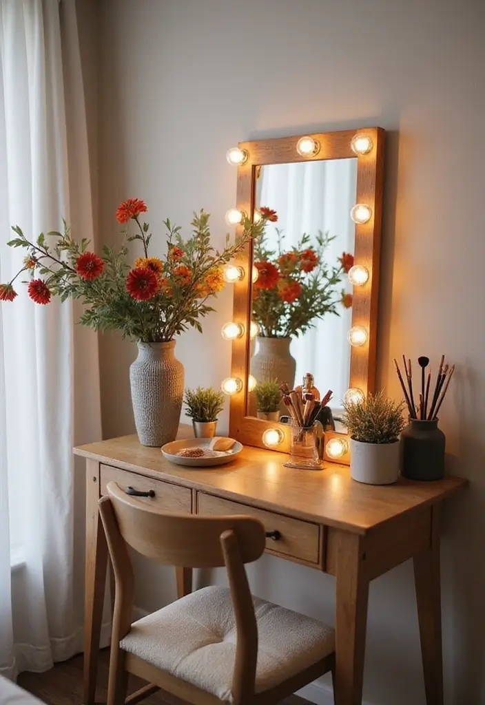 28 Makeup Corner in Bedroom Small Spaces Ideas That Feel Chic and Compact - 27. Seasonal Decor