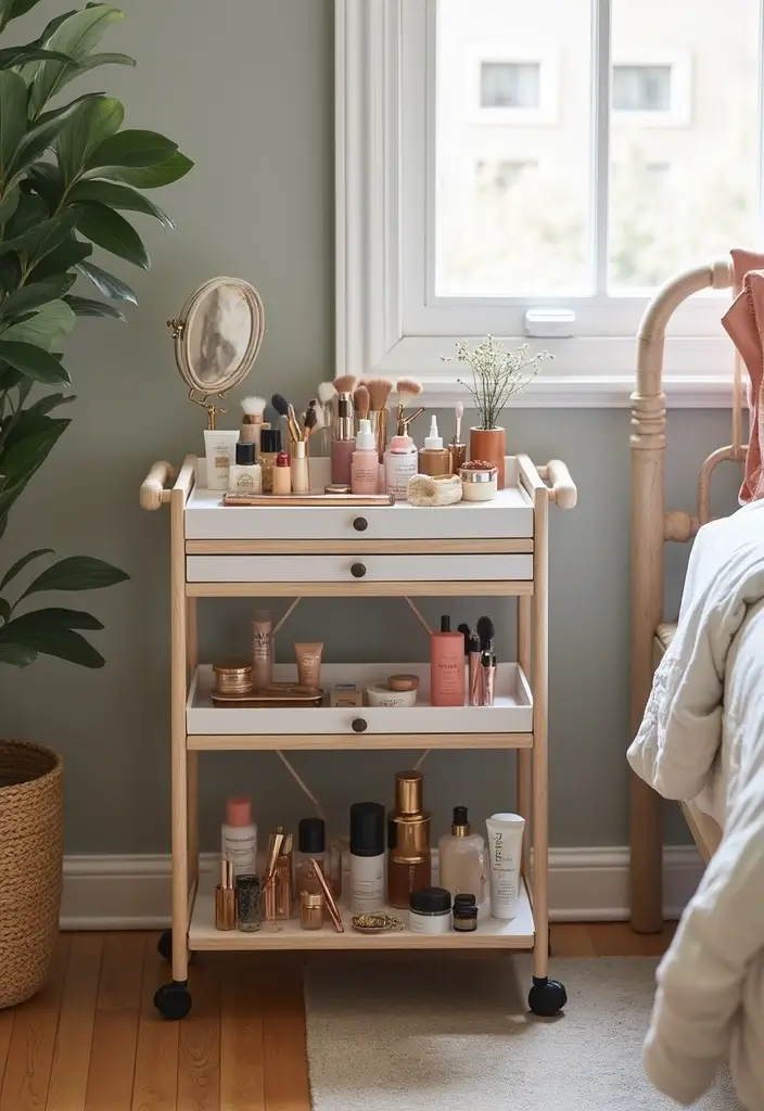 28 Makeup Corner in Bedroom Small Spaces Ideas That Feel Chic and Compact - 4. Chic Makeup Cart