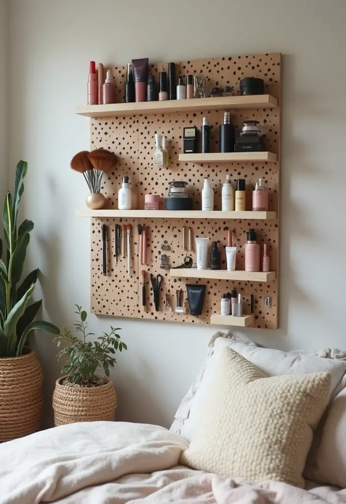 28 Makeup Corner in Bedroom Small Spaces Ideas That Feel Chic and Compact - 7. Pegboard Makeup Display