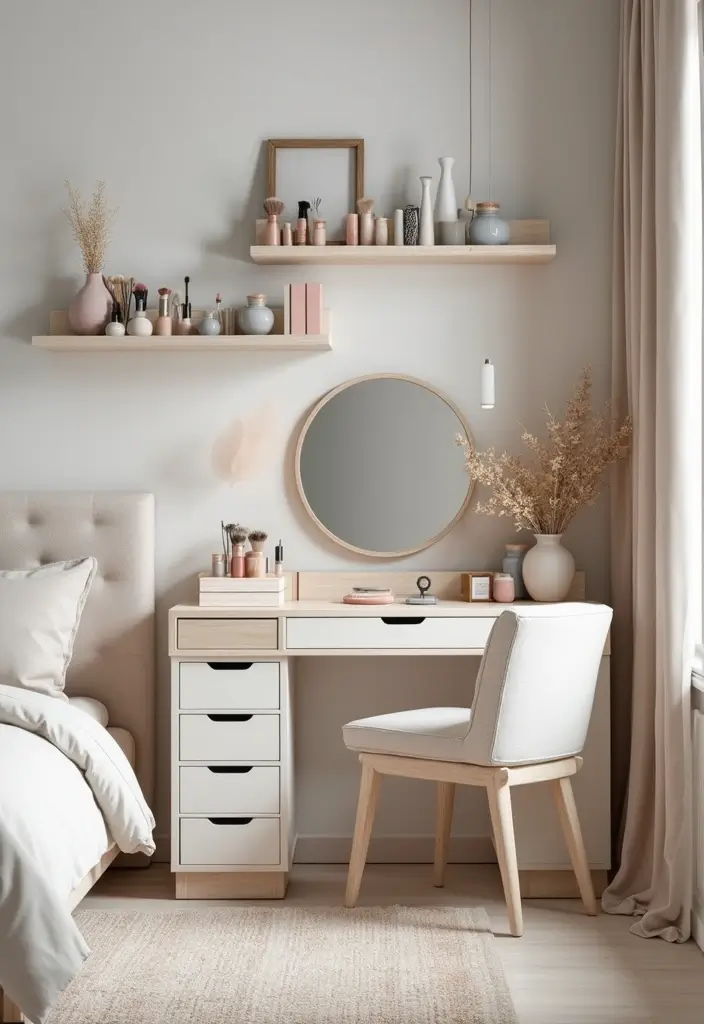 28 Makeup Corner in Bedroom Small Spaces Ideas That Feel Chic and Compact - 9. Floating Shelves
