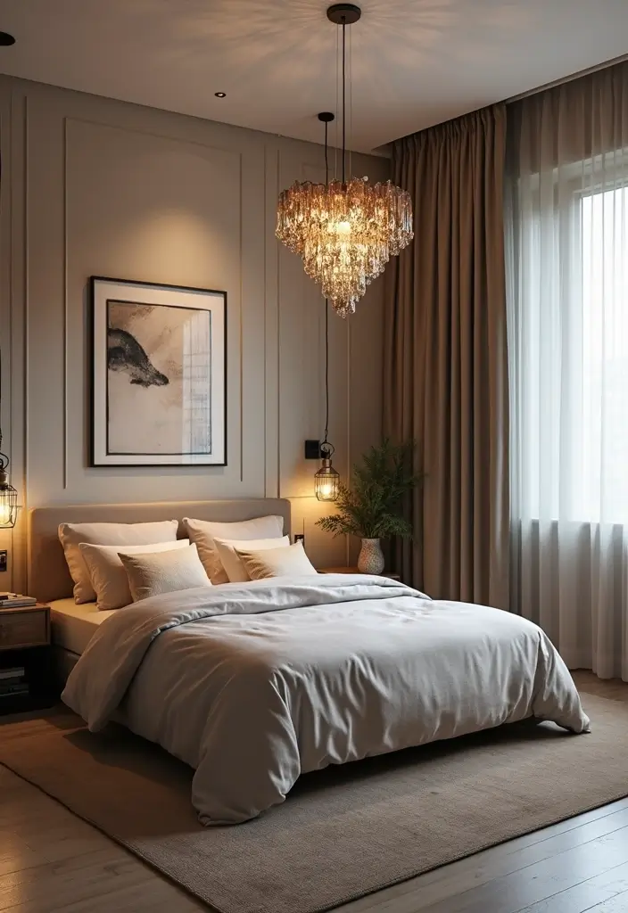 28 Simple Bedroom Design Modern Ideas That Feel Clean and Calm - 3. Statement Lighting