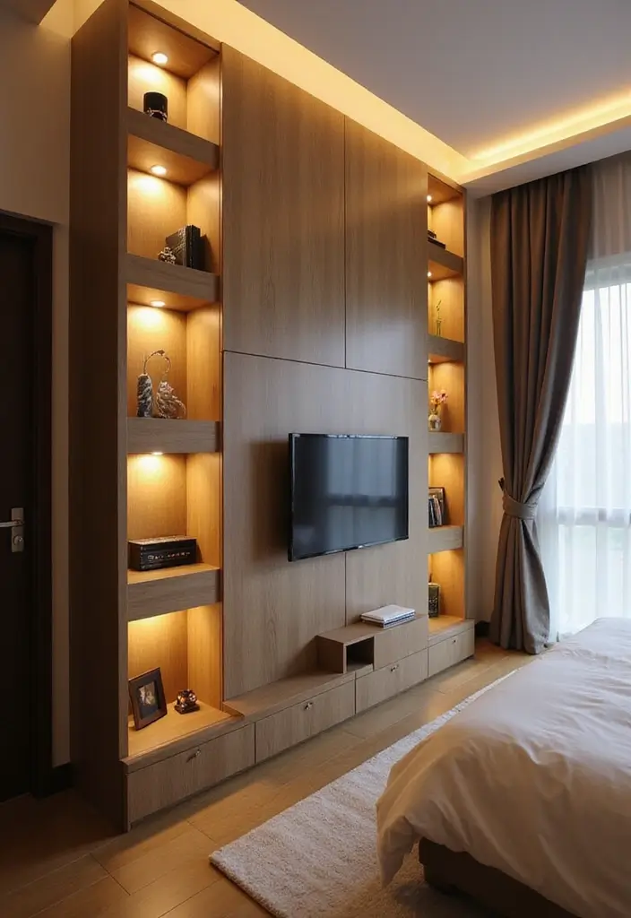 28 Wall Almirah Design for Bedroom Ideas That Save Space Beautifully - 15. Layered Lighting