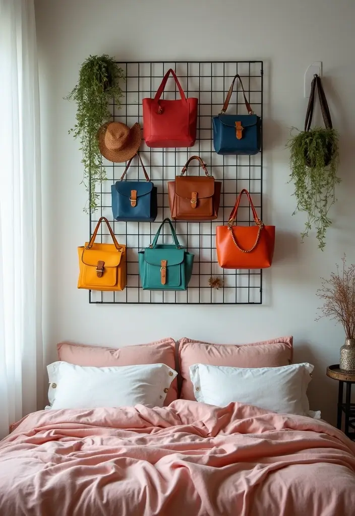 29 Bag Shelf Display Bedroom Ideas That Look Organized and Trendy - 11. Wall-Mounted Grid Panels