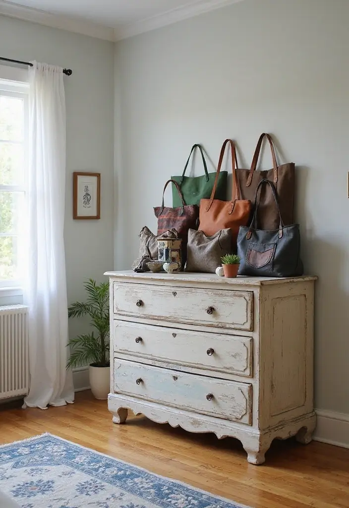 29 Bag Shelf Display Bedroom Ideas That Look Organized and Trendy - 12. Repurposed Furniture as Storage