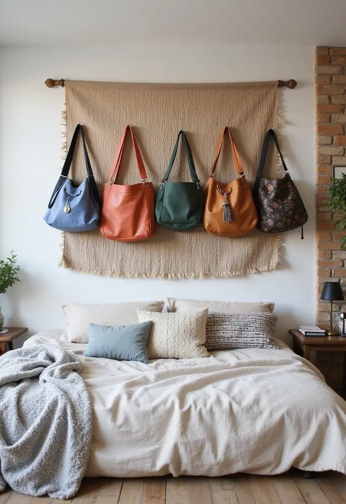 29 Bag Shelf Display Bedroom Ideas That Look Organized and Trendy - 14. Chic Fabric Wall Hangings