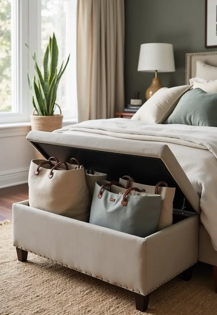 29 Bag Shelf Display Bedroom Ideas That Look Organized and Trendy - 18. Stylish Storage Ottomans