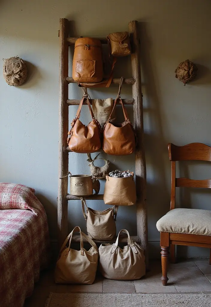 29 Bag Shelf Display Bedroom Ideas That Look Organized and Trendy - 19. Vintage Ladder Displays
