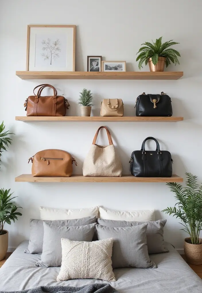 29 Bag Shelf Display Bedroom Ideas That Look Organized and Trendy - 20. Decorative Wall-Mounted Shelving