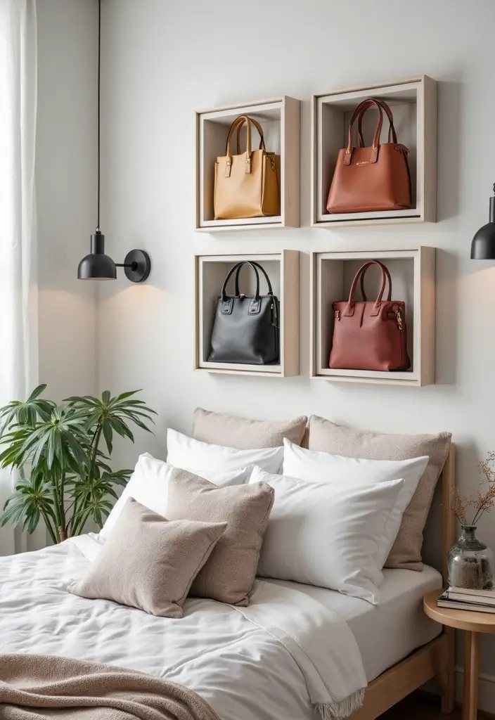 29 Bag Shelf Display Bedroom Ideas That Look Organized and Trendy - 21. Creative Bag Display Frames
