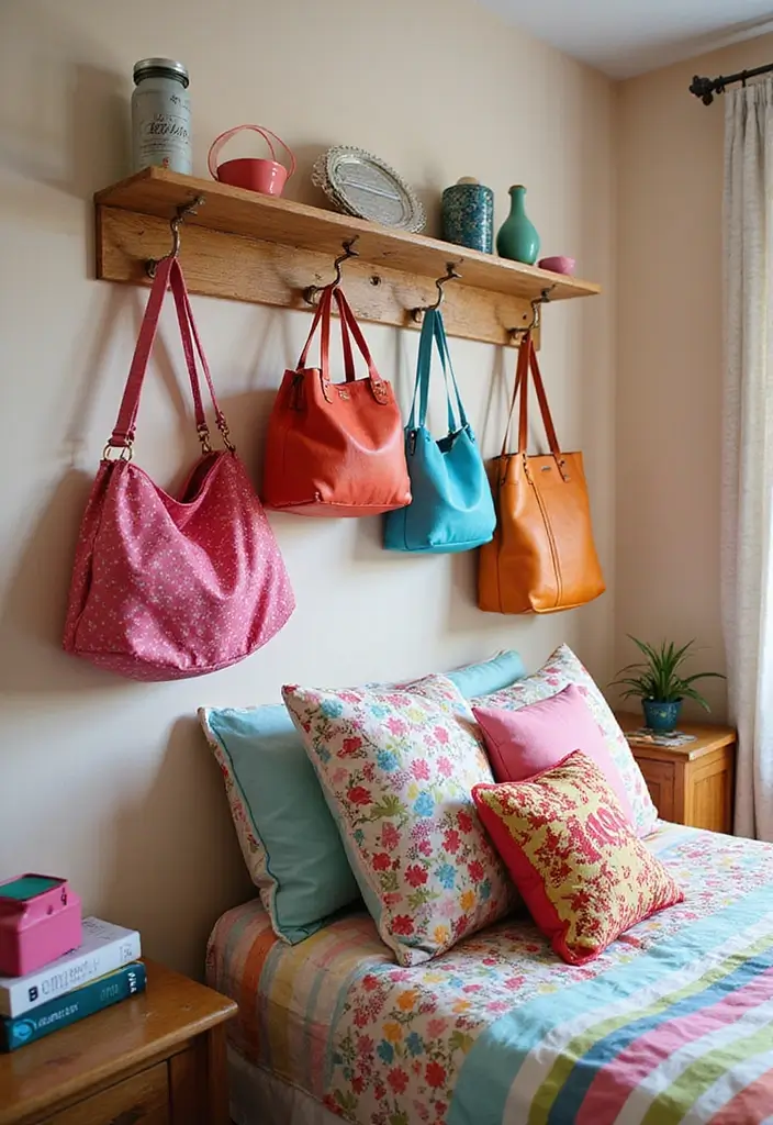 29 Bag Shelf Display Bedroom Ideas That Look Organized and Trendy - 25. Creative Bag Hooks Display