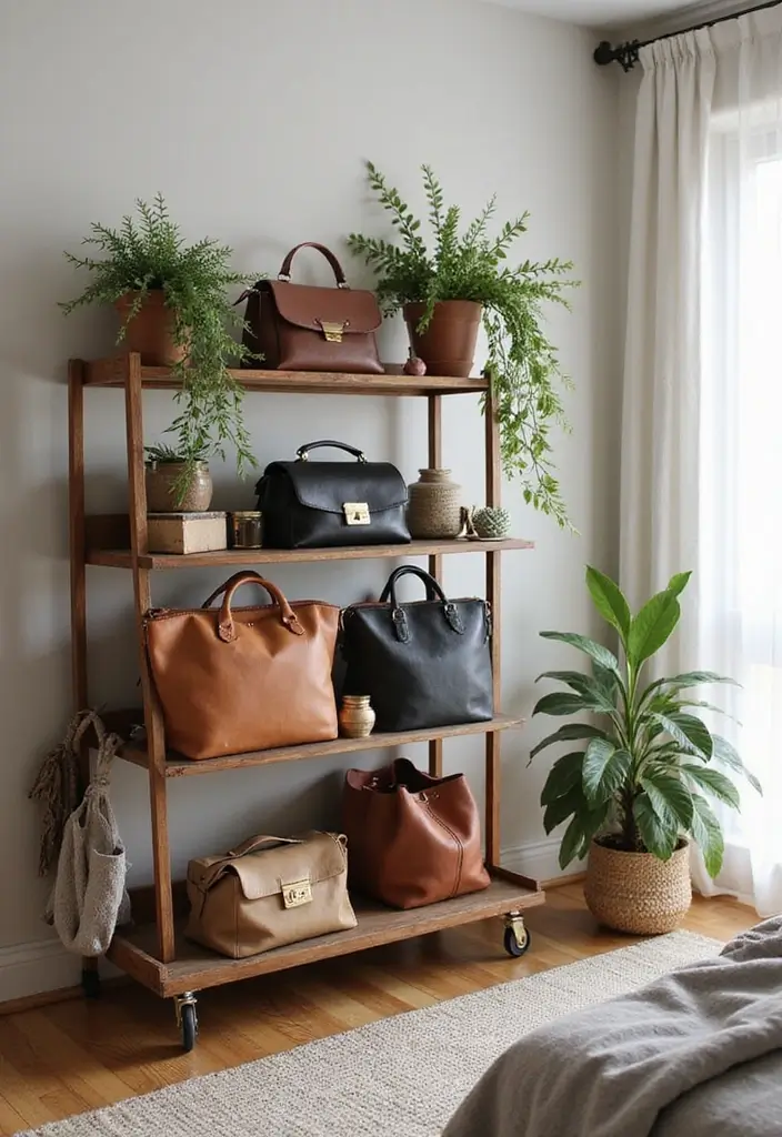 29 Bag Shelf Display Bedroom Ideas That Look Organized and Trendy - 26. Stylish Bag Carts for Mobility