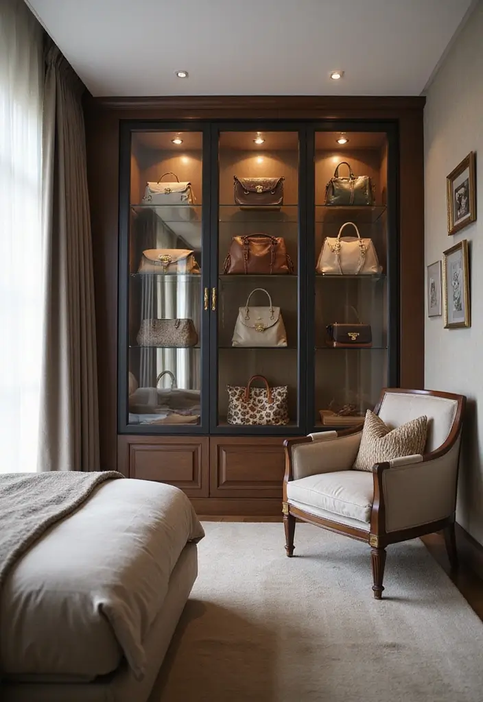 29 Bag Shelf Display Bedroom Ideas That Look Organized and Trendy - 27. Chic Display Cabinets