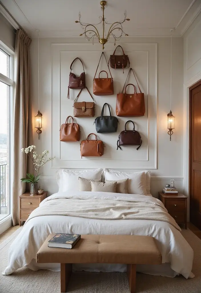 29 Bag Shelf Display Bedroom Ideas That Look Organized and Trendy - 28. Elegant Wall-Mounted Bag Displays