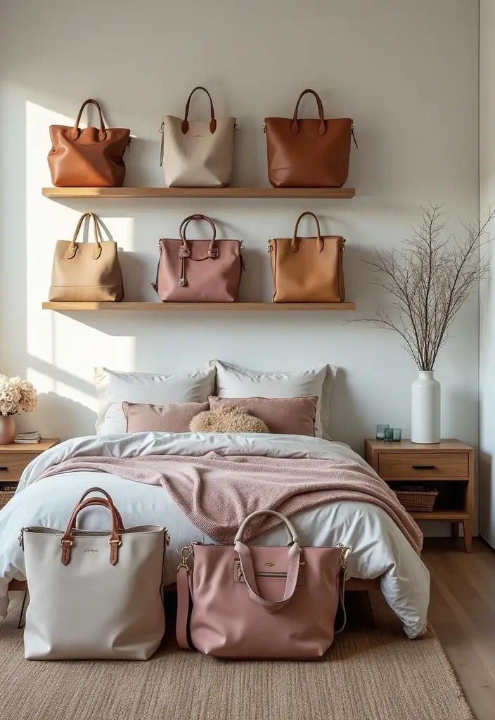 29 Bag Shelf Display Bedroom Ideas That Look Organized and Trendy - 29. Trendy Bag Storage Solutions