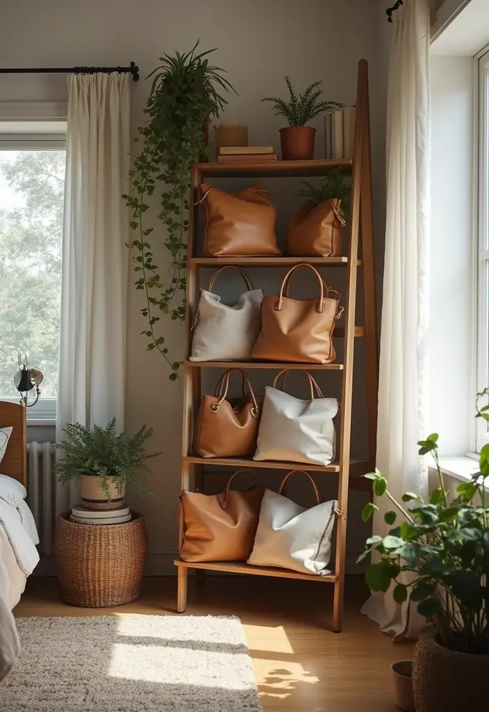 29 Bag Shelf Display Bedroom Ideas That Look Organized and Trendy - 3. Ladder Shelf with Multi-Tier Storage