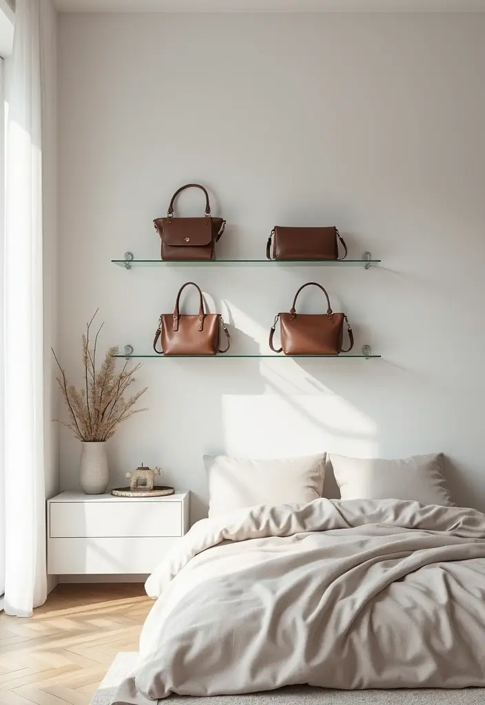 29 Bag Shelf Display Bedroom Ideas That Look Organized and Trendy - 4. Clear Acrylic Shelves for a Minimalist Vibe