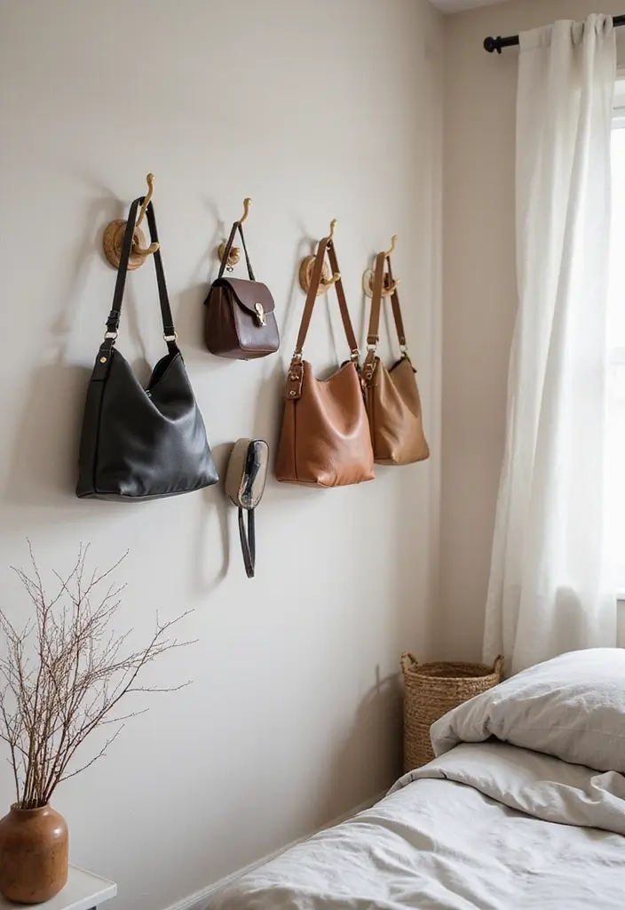 29 Bag Shelf Display Bedroom Ideas That Look Organized and Trendy - 6. Wall Hooks with Artistic Flair