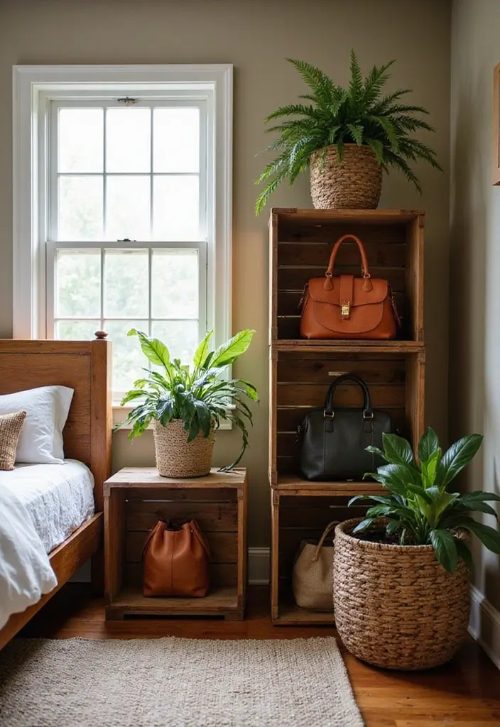 29 Bag Shelf Display Bedroom Ideas That Look Organized and Trendy - 8. Rustic Wooden Crates