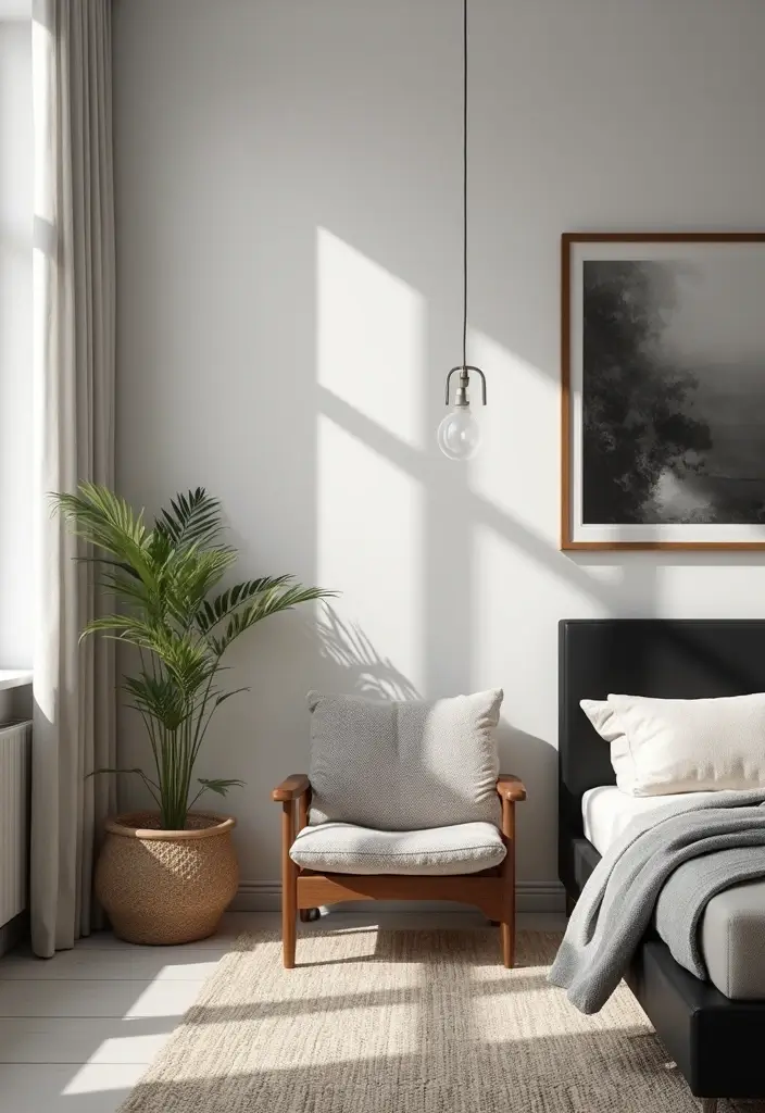 29 Black White Grey Bedroom Designs That Look Sleek & Balanced - 13. Mid-Century Modern Touches