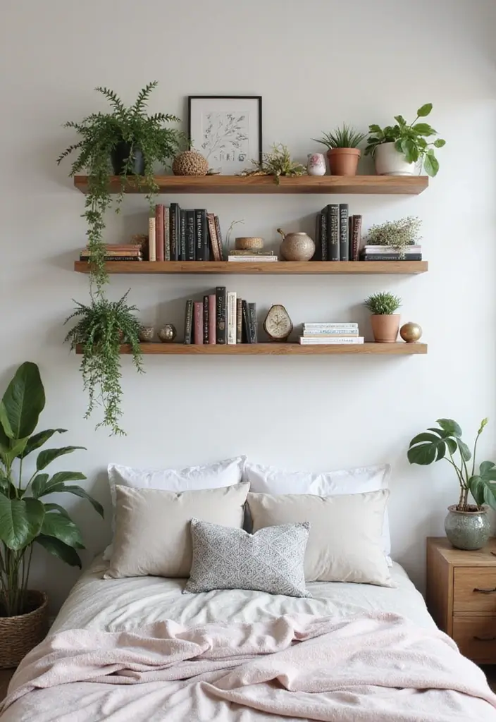 29 Black White Grey Bedroom Designs That Look Sleek & Balanced - 14. Creative Shelving Solutions