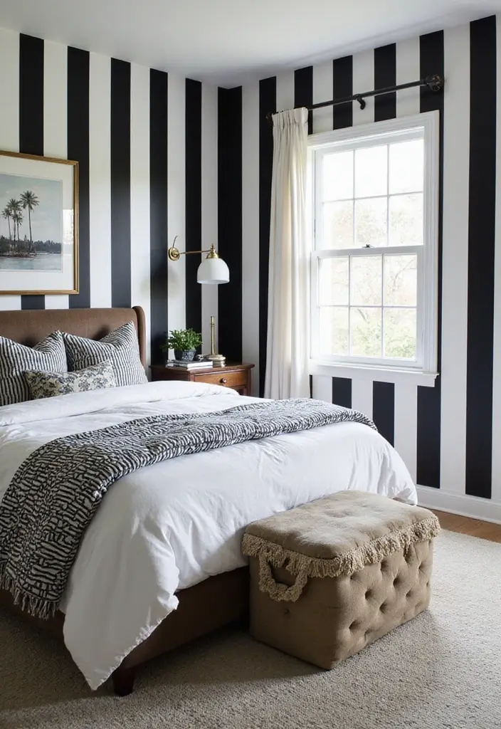 29 Black White Grey Bedroom Designs That Look Sleek & Balanced - 2. Bold Stripes and Patterns