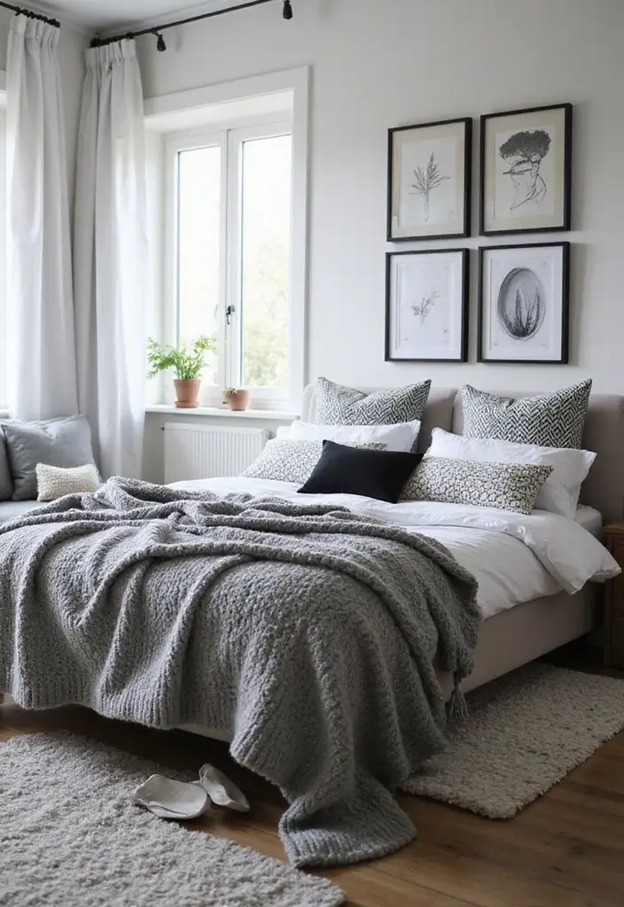 29 Black White Grey Bedroom Designs That Look Sleek & Balanced - 6. Cozy Monochrome Textiles