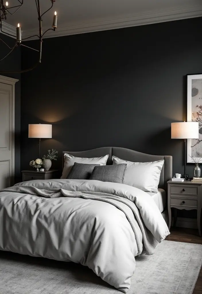 29 Black White Grey Bedroom Designs That Look Sleek & Balanced - 8. Statement Black Walls
