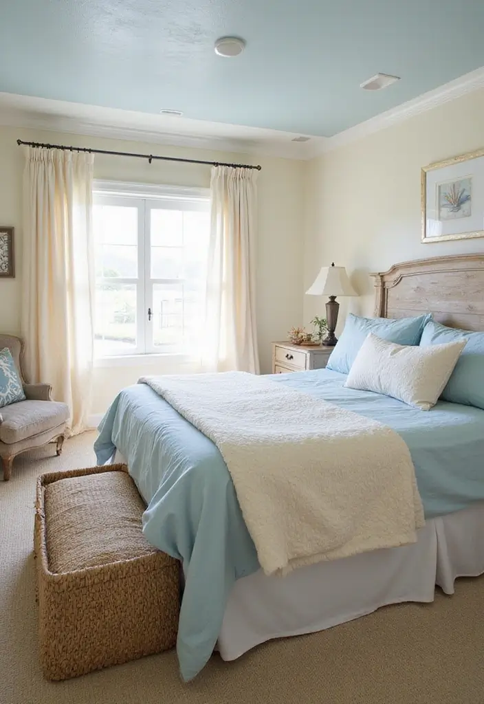 29 Cream and Blue Bedroom Designs That Are Soft & Dreamy - 1. Sun-Kissed Coastal Retreat