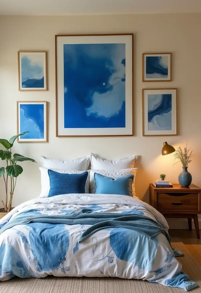 29 Cream and Blue Bedroom Designs That Are Soft & Dreamy - 10. Artistic Impressions