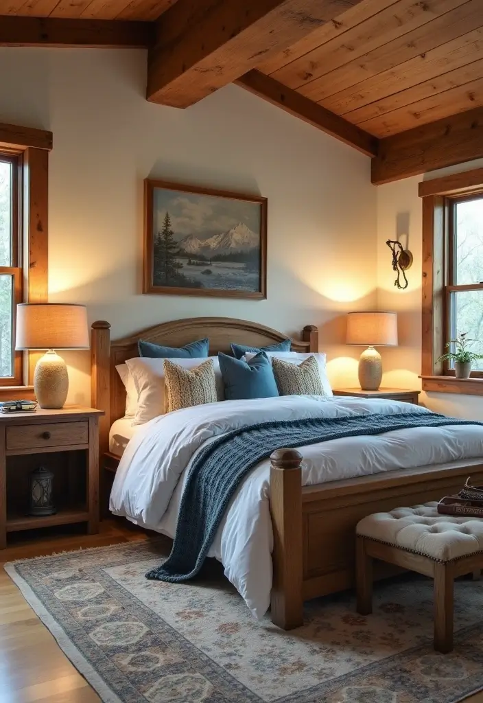 29 Cream and Blue Bedroom Designs That Are Soft & Dreamy - 16. Rustic Lodge Feel