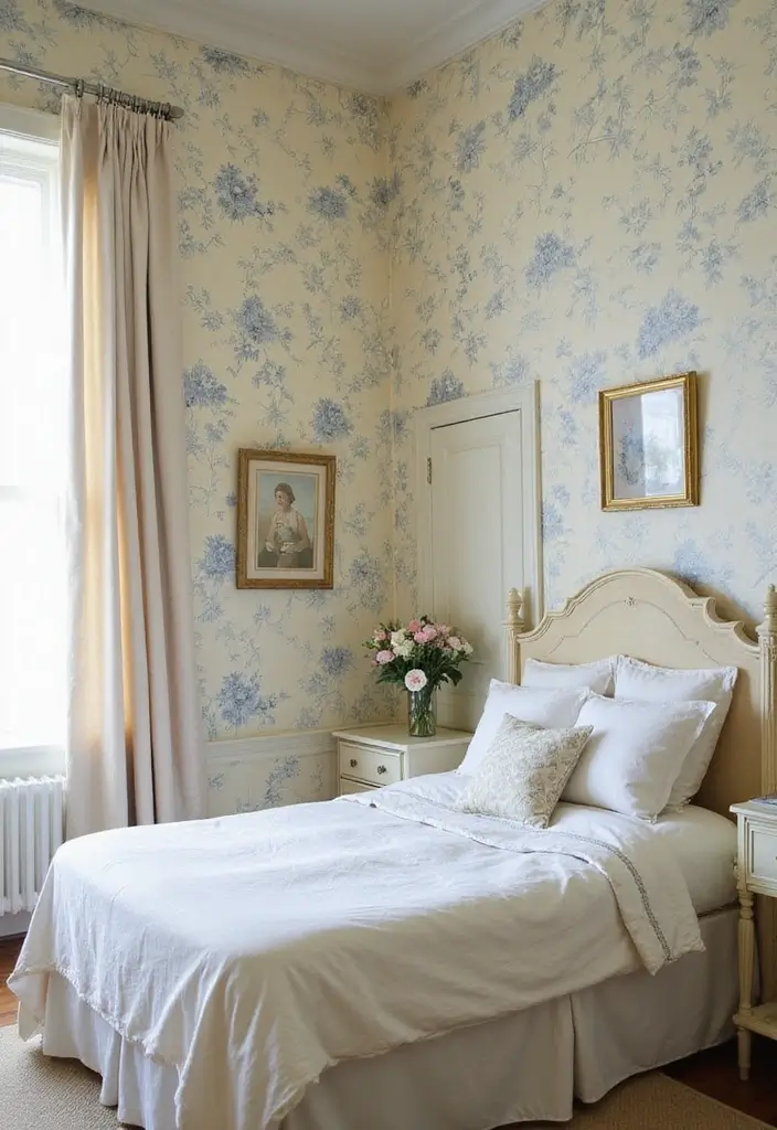 29 Cream and Blue Bedroom Designs That Are Soft & Dreamy - 17. Vintage Floral Delight