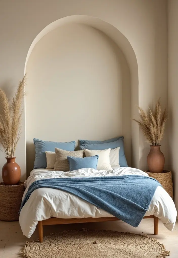 29 Cream and Blue Bedroom Designs That Are Soft & Dreamy - 18. Earthy Tones and Textures