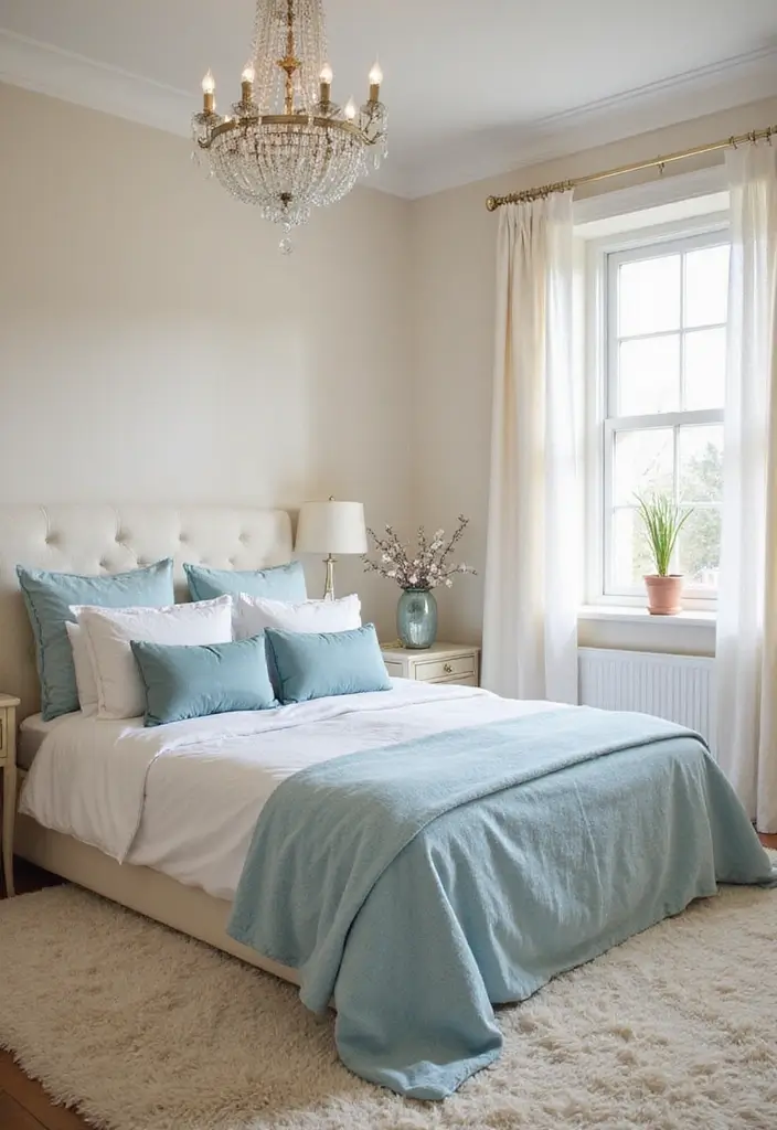 29 Cream and Blue Bedroom Designs That Are Soft & Dreamy - 19. Soft Glam Retreat