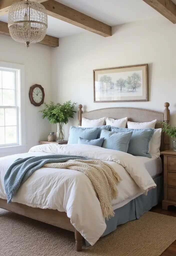 29 Cream and Blue Bedroom Designs That Are Soft & Dreamy - 23. Farmhouse Chic