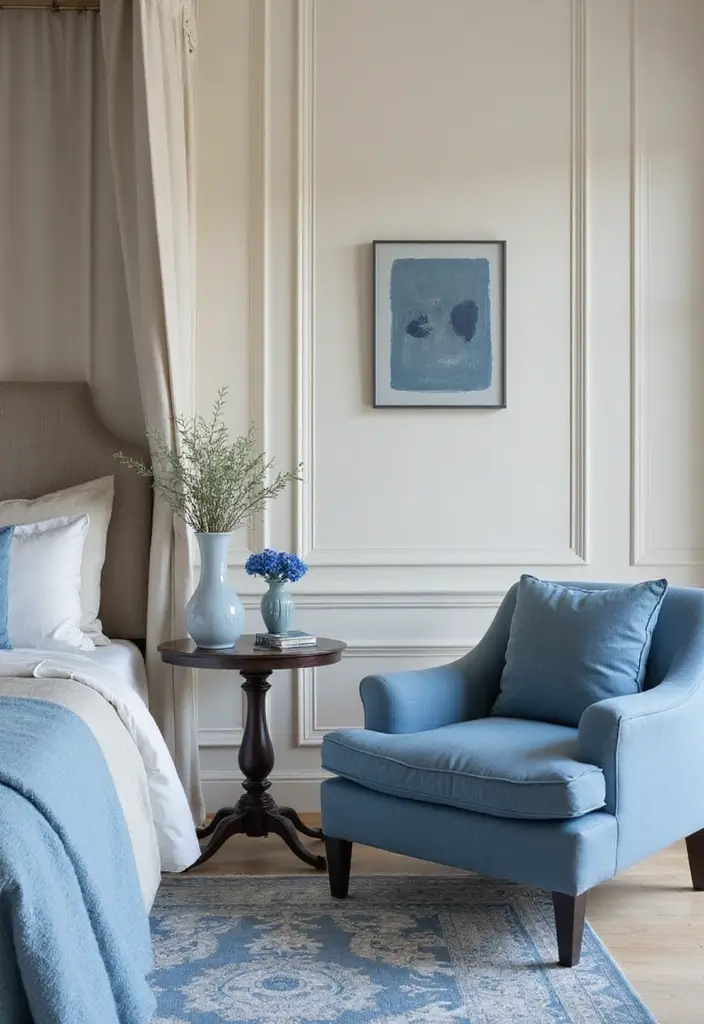 29 Cream and Blue Bedroom Designs That Are Soft & Dreamy - 24. Elegant Monochrome