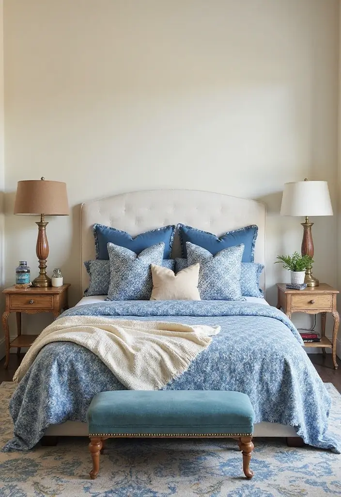 29 Cream and Blue Bedroom Designs That Are Soft & Dreamy - 26. Softly Layered Eclectic